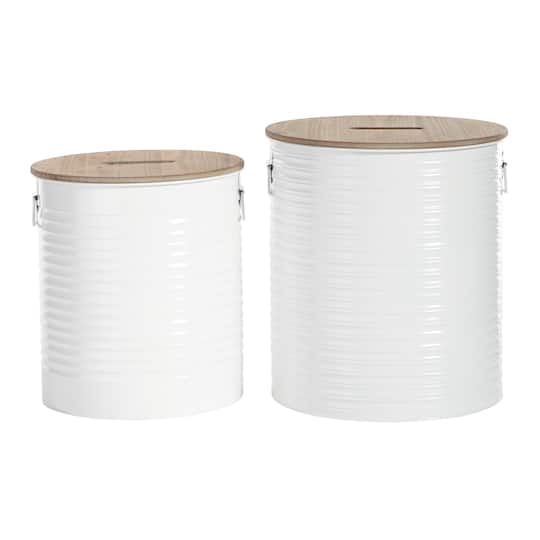 Set of 2 White Metal Farmhouse Storage Stool, 18", 16"